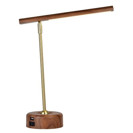 a wooden desk lamp with a metal base and an electric outlet on the side, in front of a white background