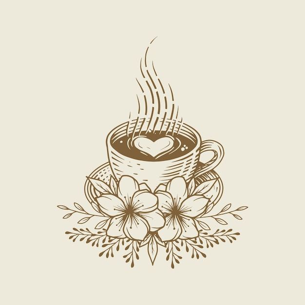 a cup of coffee with hearts in it and flowers around the mug, on a beige background