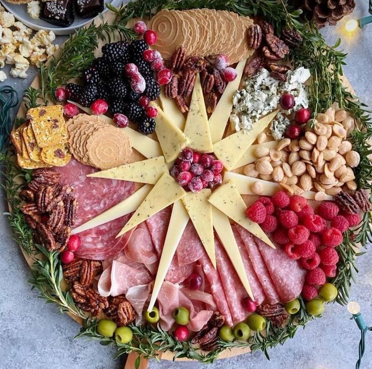 a platter filled with meats, cheese and fruit