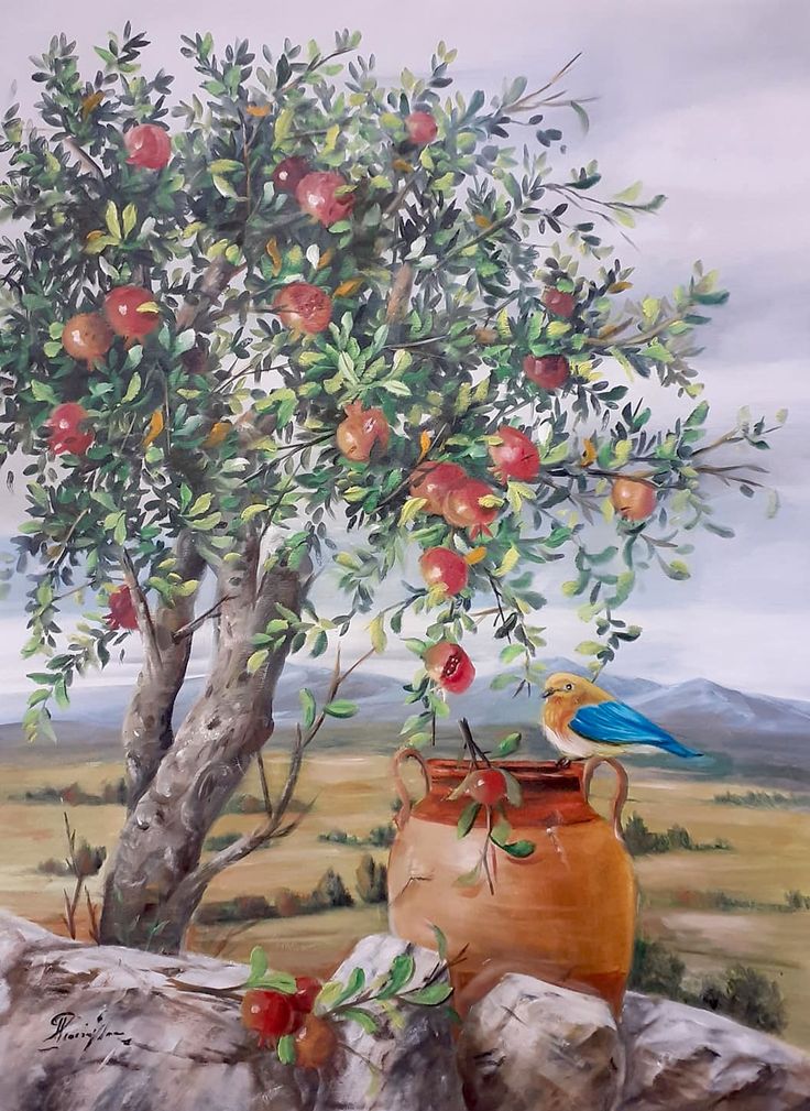 a painting of an orange tree with apples on it and a bird perched on the branch