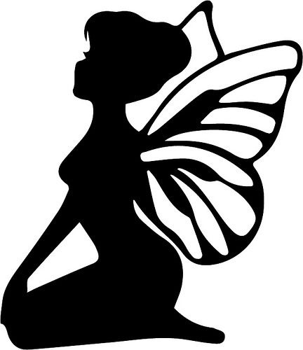 a black and white silhouette of a woman with a butterfly wings on her back, sitting in