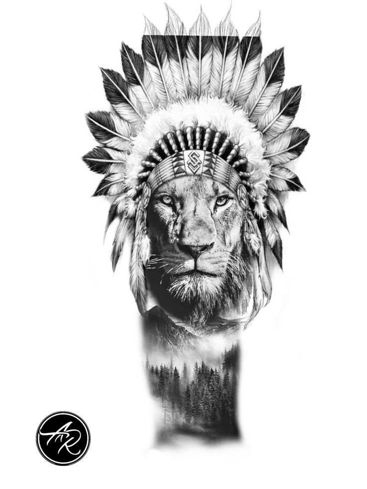 Lion Native American Tattoo, Indian Lion Tattoo Design, Lion With Headdress Tattoo, Lion With Indian Headdress Tattoo, Lion Indian Tattoo, Indian Lion Tattoo, Plume Tattoo, Indian Headdress Tattoo, Lion Shoulder Tattoo