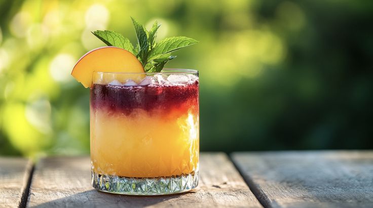 a colorful drink sitting on top of a wooden table next to a leafy green tree