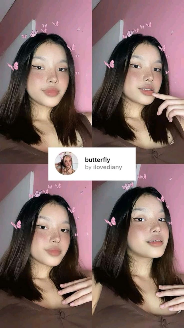 four different pictures of a woman with long dark hair and pink butterflies on her head