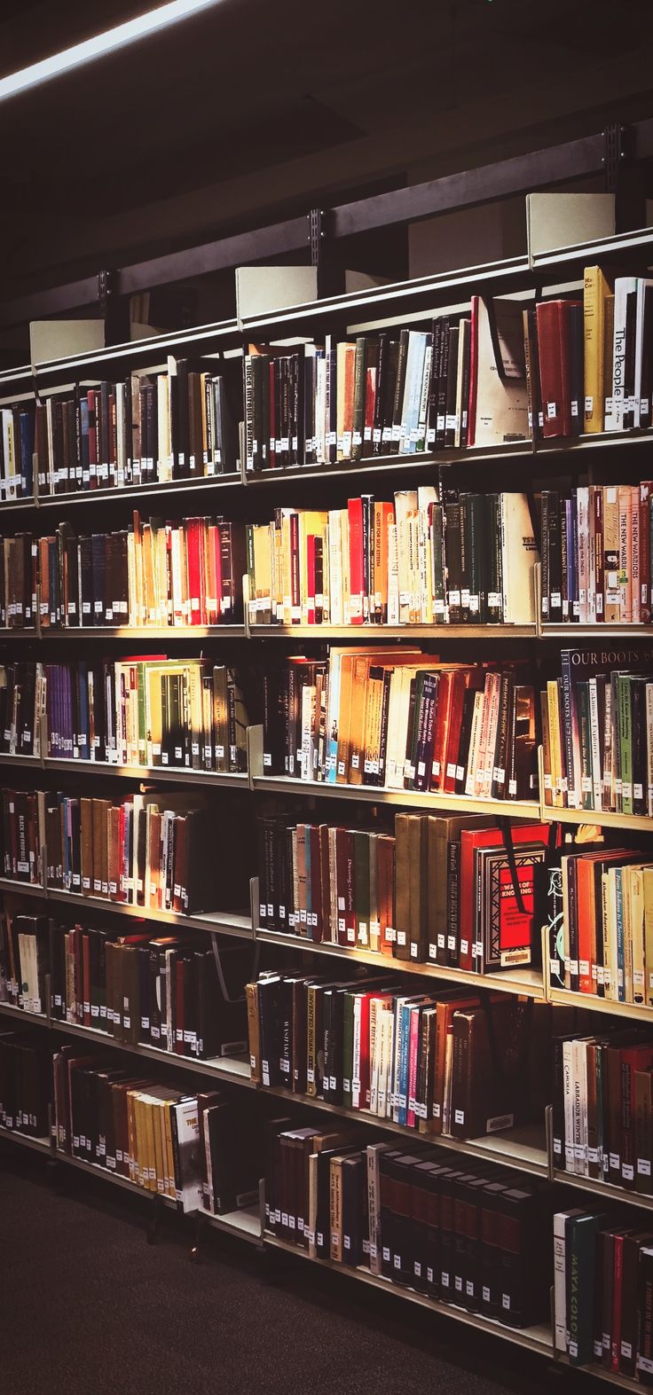 a bookshelf filled with lots of different colored books in a library or reading room