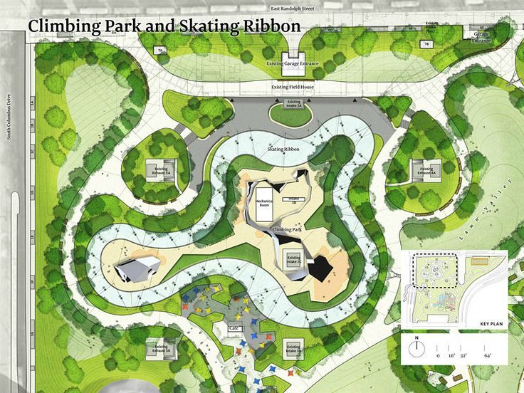 an aerial view of the park and skating area, with plans for various areas to be built