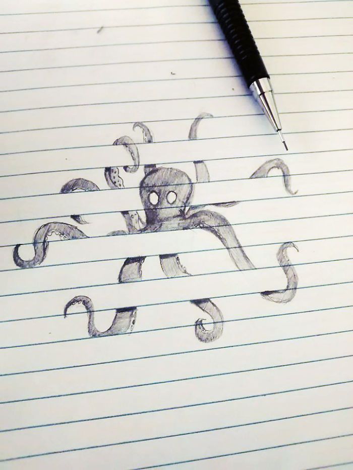 an octopus drawn on lined paper with a pen in front of it and the caption below