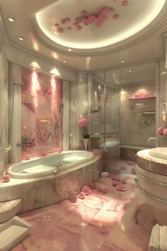 a fancy bathroom with pink petals on the floor and walls, along with an oval tub