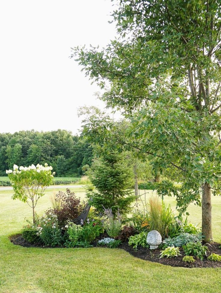 a lush green field with lots of trees and flowers in it's center area