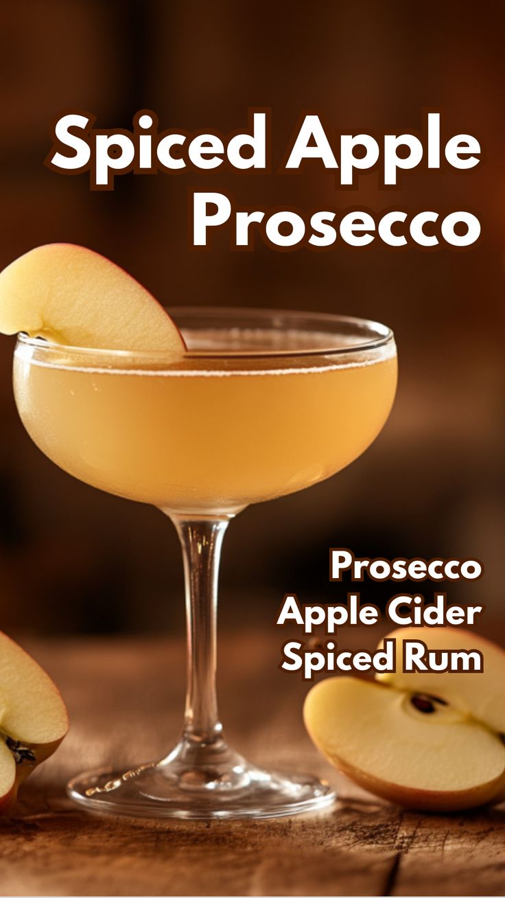 an apple cider is garnished with sliced apples and the words spiced apple proseco