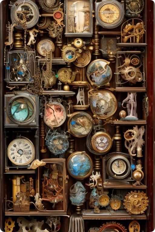 an old wooden box filled with lots of different types of clocks and pendulums on display