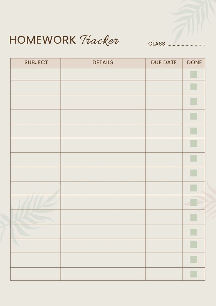 a printable homework tracker with leaves on it