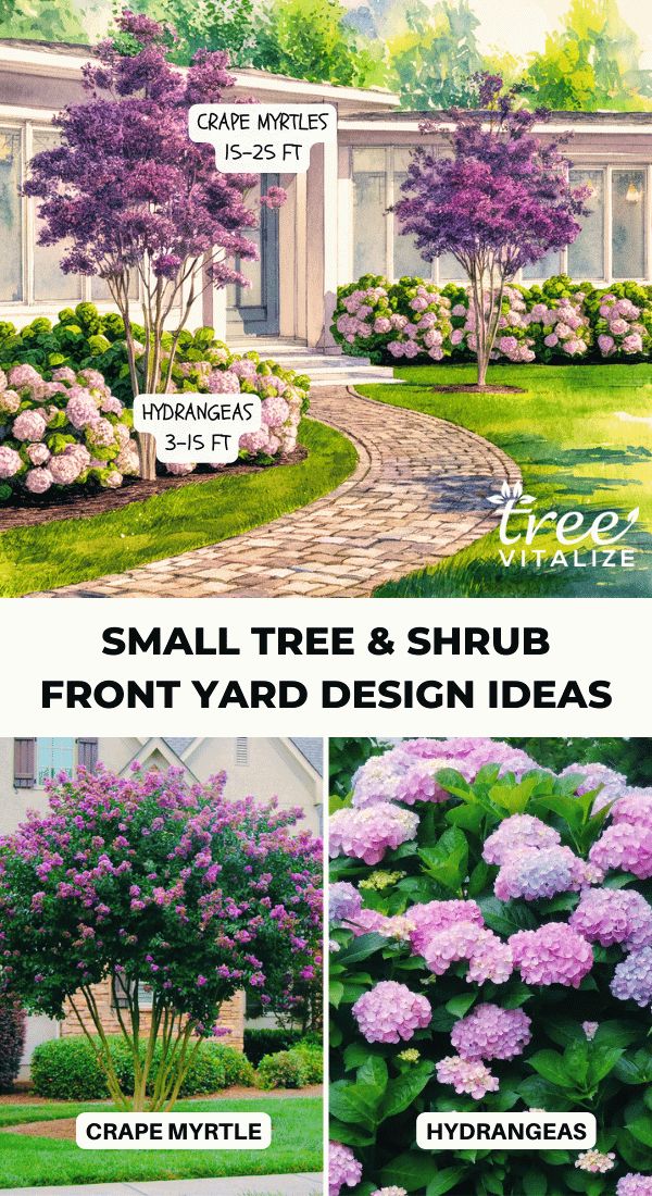 the front yard garden design ideas for small trees and shrubs with hydrangeas in bloom