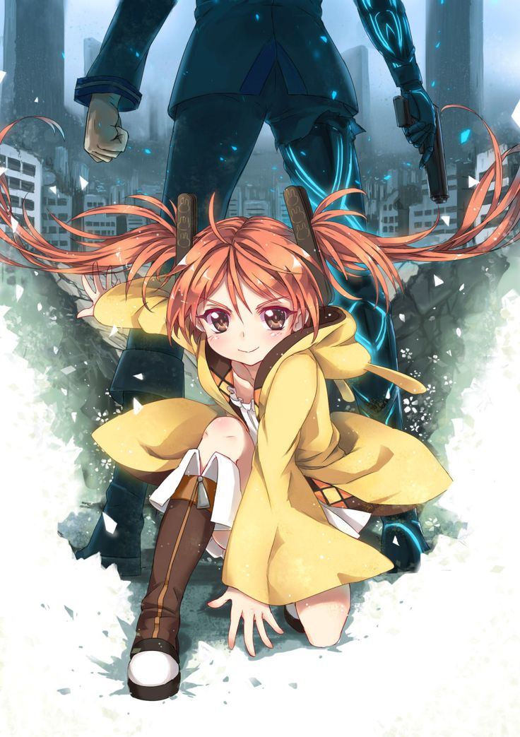 an anime character with long red hair sitting on the ground in front of another character