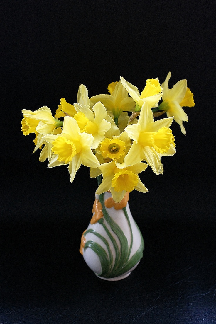 yellow daffodils are in a white and green vase on a black background