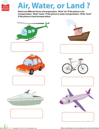 an air, water, or land worksheet with pictures and words on it