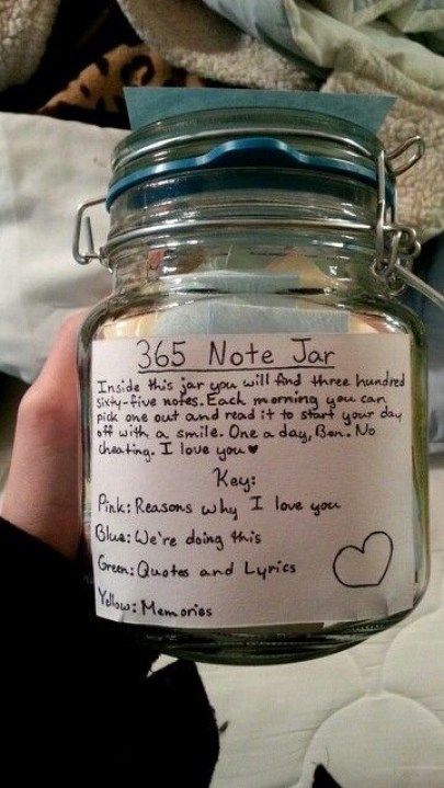 a person holding up a jar with writing on the lid and paper attached to it