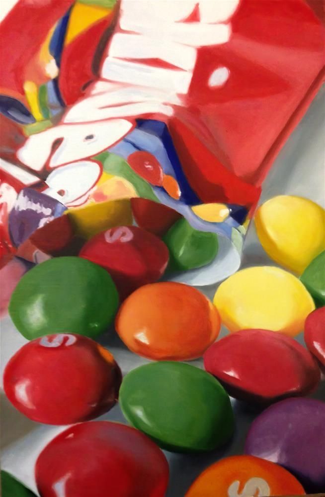 an oil painting of candy in a bag