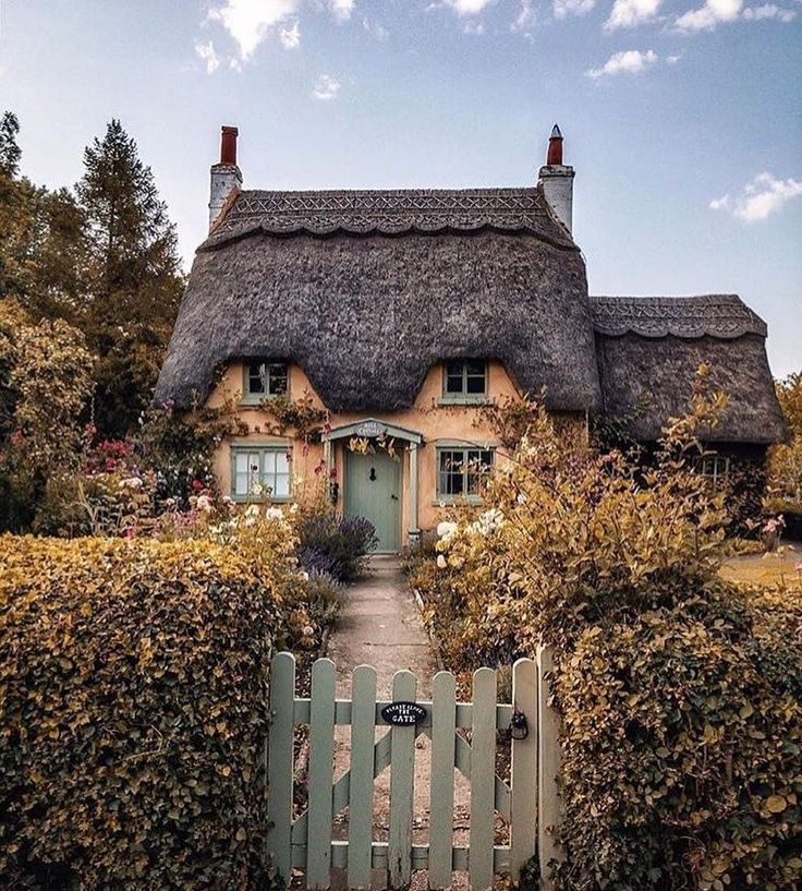 a house with a thatched roof surrounded by hedges