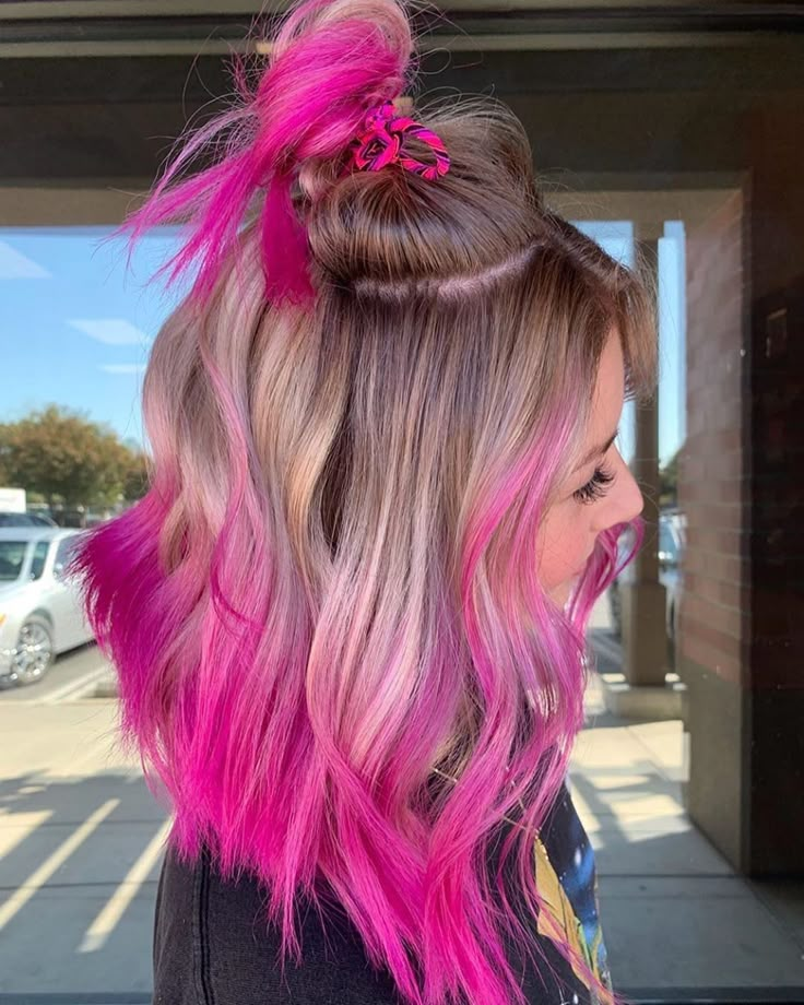 Balayage Purple Hair Blonde, Hot Pink And Blonde Hair Highlights, Unique Vivid Hair, Vivid Color Money Piece, Blonde Vivid Hair, Bold Money Piece Hair Color, Blonde And Vivid Hair Color Ideas, Blonde Hair With Vivid Colors, Hair Color Ideas Vivid