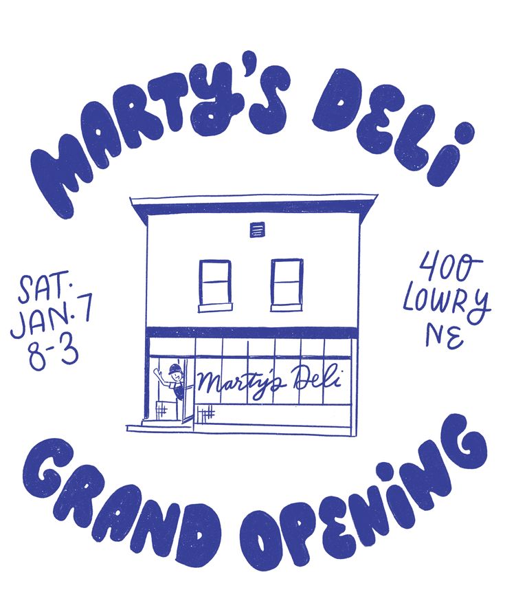 the logo for marty's deli grand opening