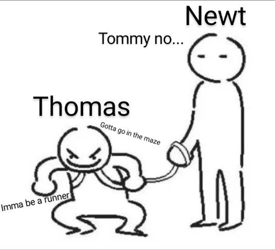 a cartoon drawing of a person holding the hand of another person's head with text that reads, tommy no thomas