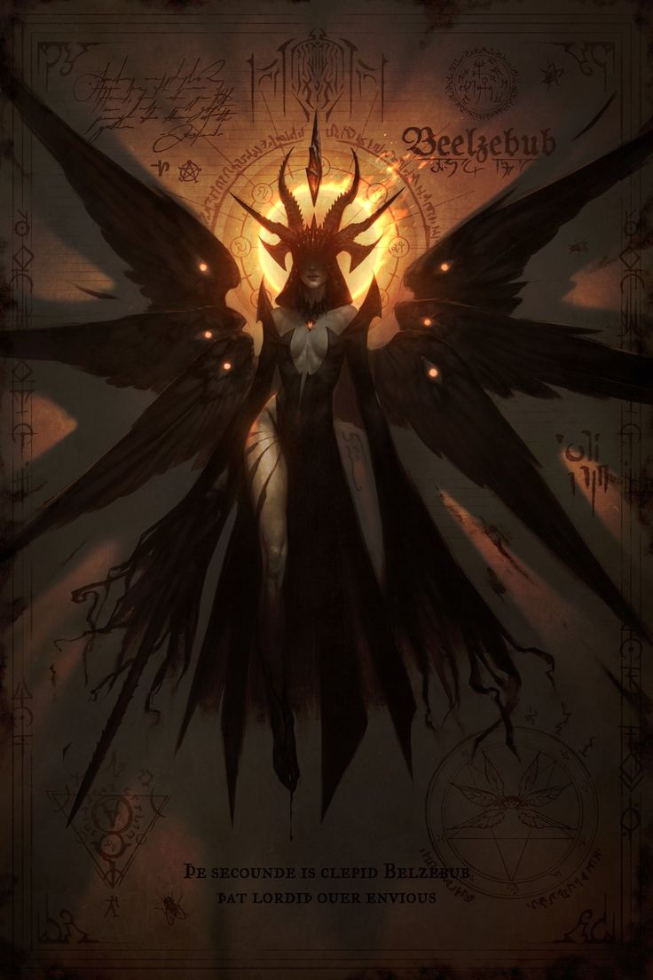 an angel with large black wings standing in front of a yellow light and surrounded by writing