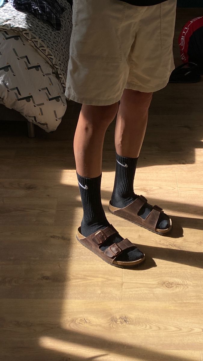 ig : charlie.bvt Mens Socks And Sandals, Guys In Birkenstocks, High Socks Outfits Sneakers, Men Socks Outfit, Mens Birkenstocks Outfit, Birkenstocks Aesthetic, Birkenstock Arizona Outfit, Socks Outfit Sneakers, Crocs Outfit Men