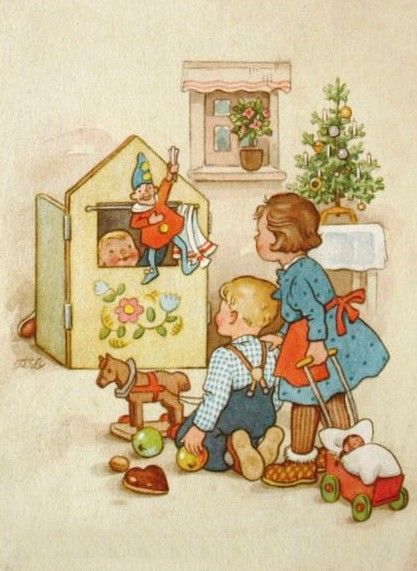 two children are playing with toys in front of a christmas tree and a doll house