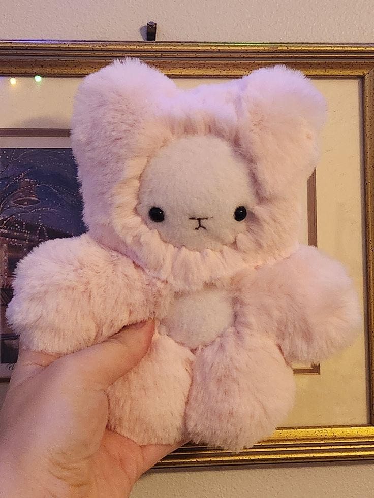 a hand holding a white teddy bear in front of a framed photo on the wall