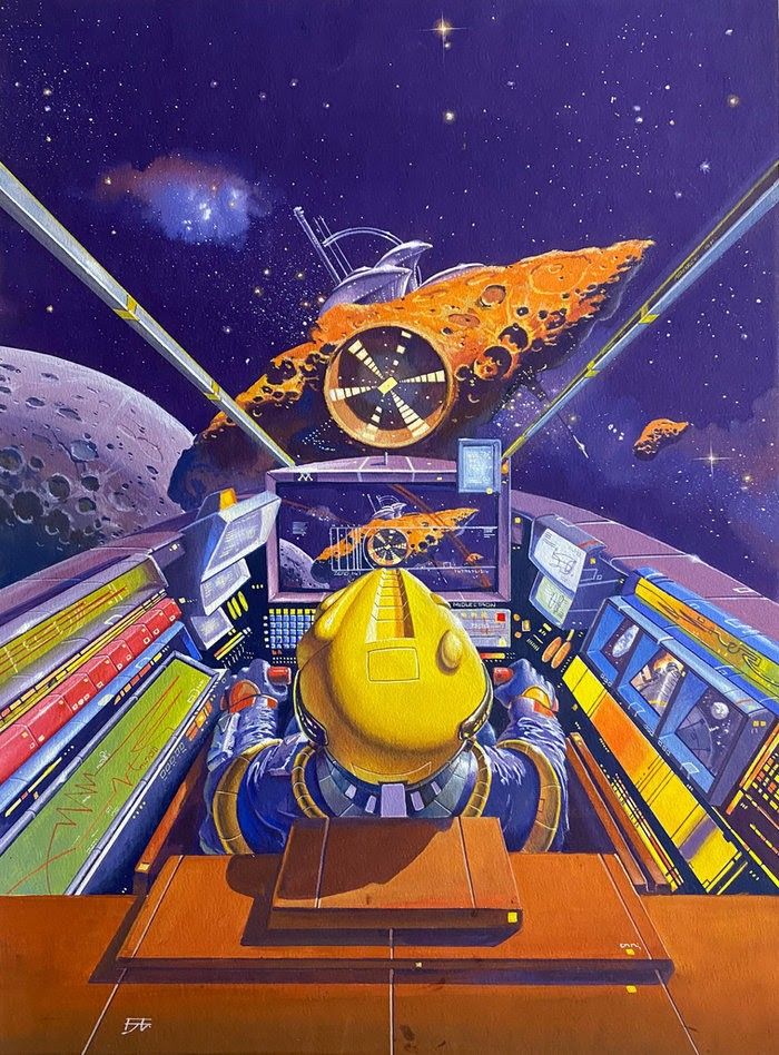 a painting of a space station with a yellow helmet on the desk and other items around it