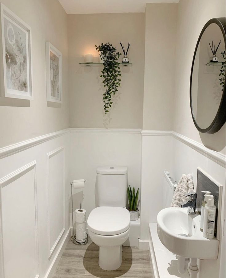 a white toilet sitting in a bathroom next to a sink under a mirror and potted plant