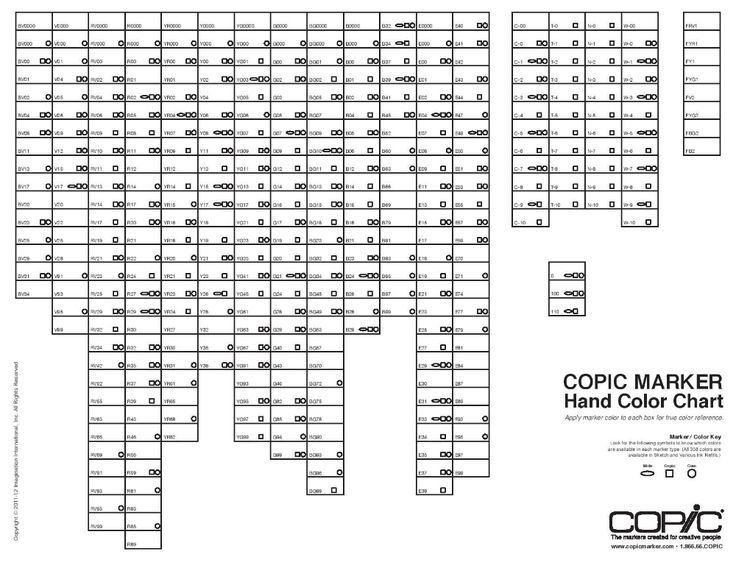 the copic maker hand color chart is shown in black and white, with numbers on each