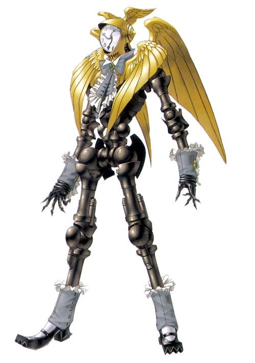 an anime character with gold wings and black legs, standing in front of a white background