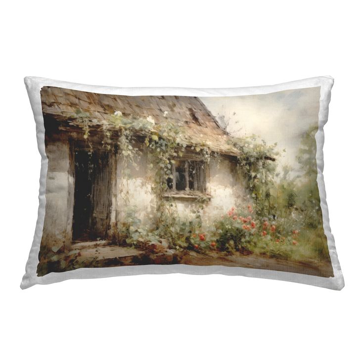 a painting of an old cottage with flowers on it