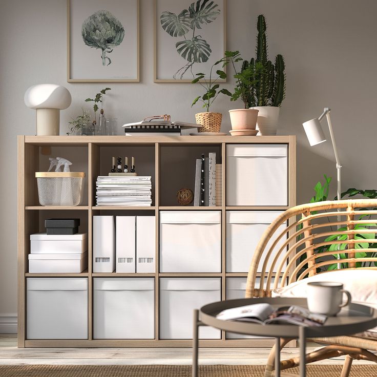 a living room filled with lots of furniture and plants on top of bookshelves