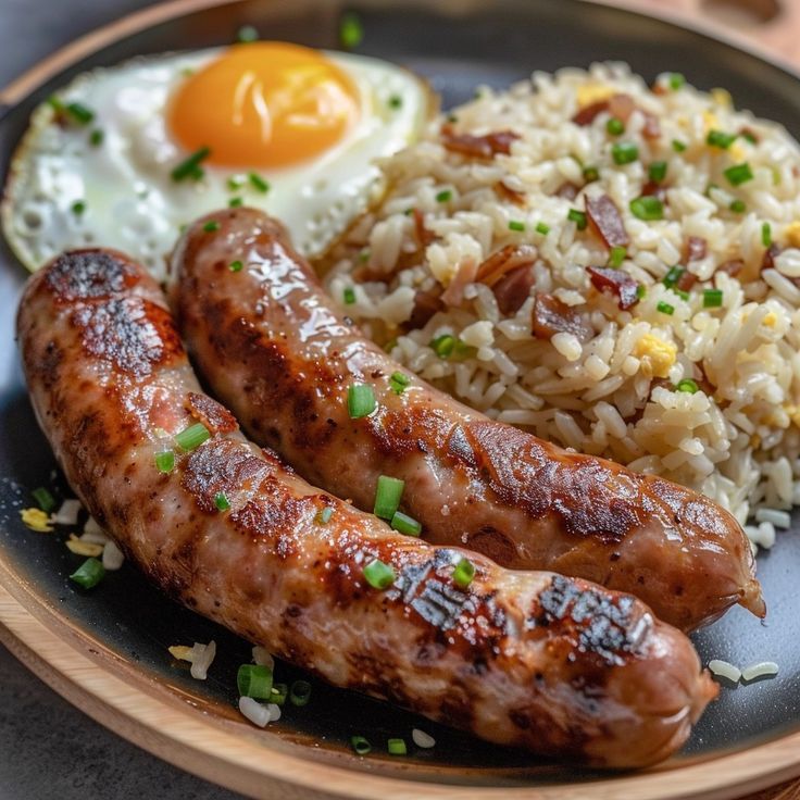 two sausages, rice and an egg on a plate