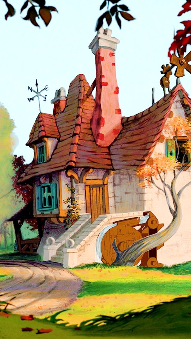 a painting of a house with a bear in the front yard