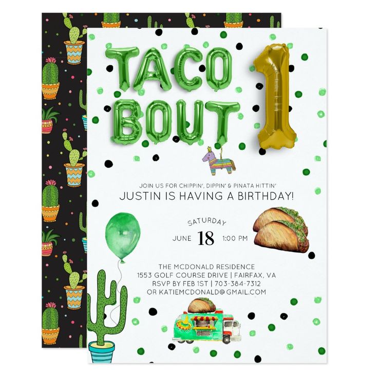 a birthday card with the number one on it and an image of taco bout