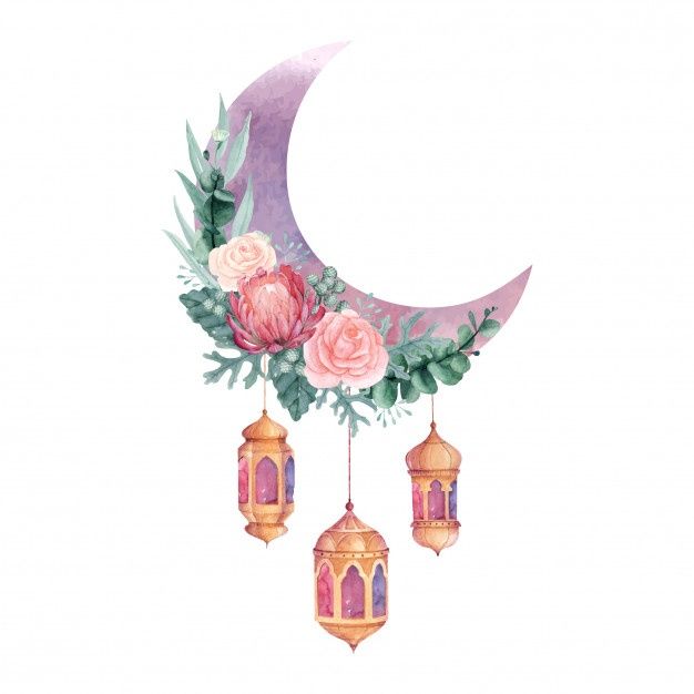 a watercolor painting of a crescent with flowers and lanterns hanging from it's sides