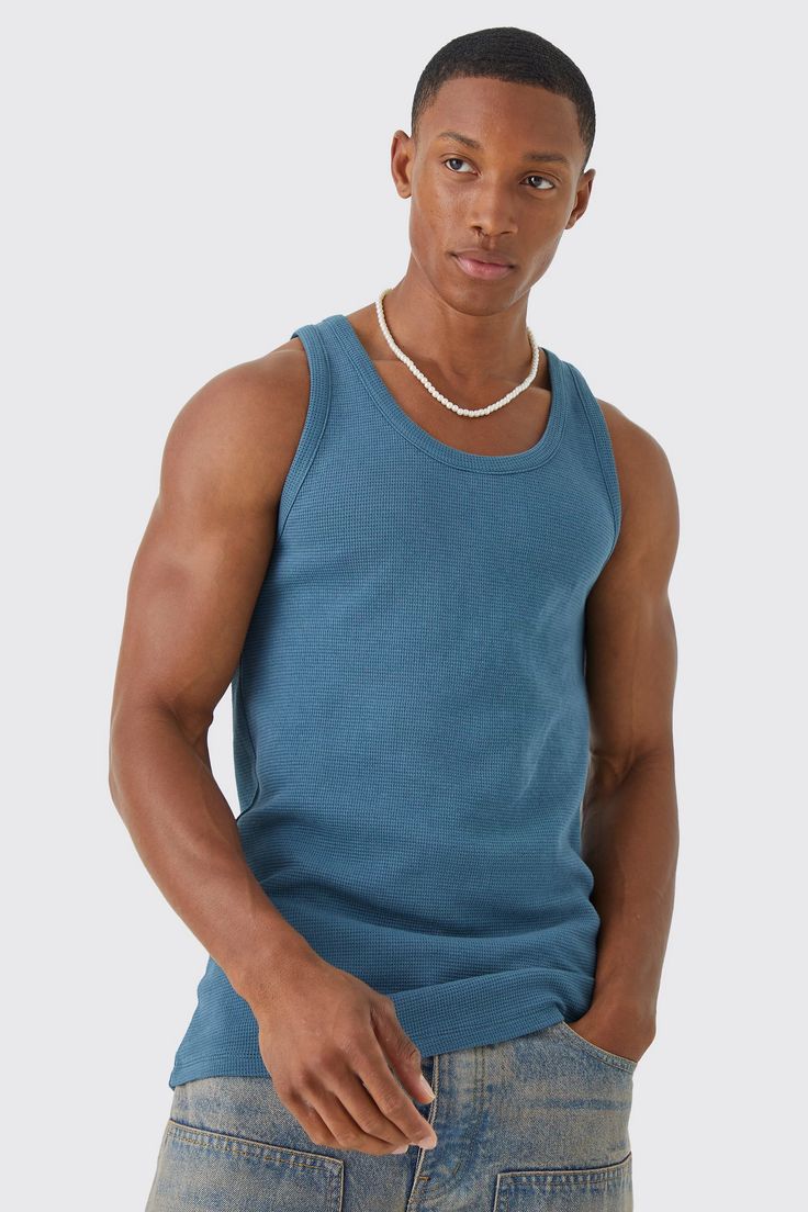 Slim Fit Waffle Vest | boohooMAN USA Outfit With Shorts, Man Vest, Fit Waffle, Plain Tank Tops, Plain Vest, Gym Vests, Plain White Tee, Vest Designs, Upgrade Your Look