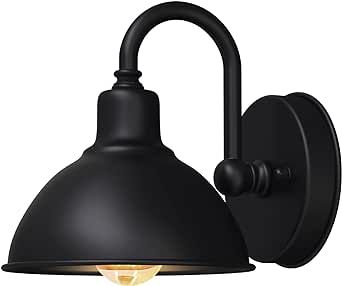 a black wall light with an arm and bulb on the back of it, against a white background