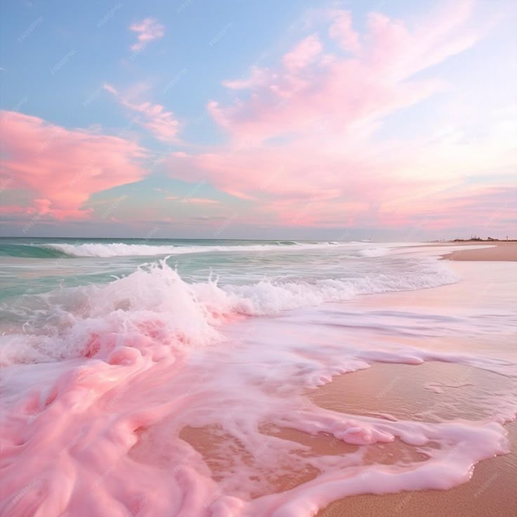 pink foamy water on the beach at sunset