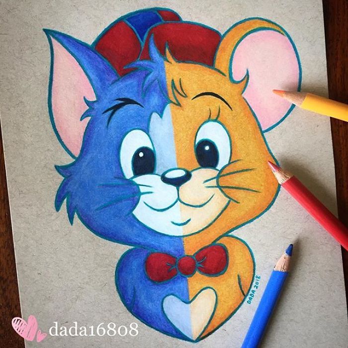 an image of a cartoon cat with a bow on it's head and another drawing in the background