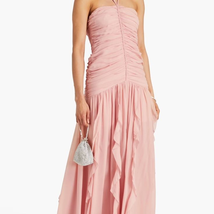 Details & Care Channel Your Inner Goddess In This Blush-Hued Silk Dress Made With A Dreamy Ruched Bodice And A Braided Halter Strap Tracing Down To A Ruffle-Frothed Skirt. Dress Silk-Crepon Braided. Trims Ruched Ruffled Ties. Back Concealed Hook And Zip Fastening. Internal Boning. Fully Lined. Lightweight. Non-Stretchy. Halter Neck. Sleeveless, With Cutaway Shoulders. 100% Silk. Dry Clean. Imported. Pre-draped Ruched Bridesmaid Dress, Silk Maxi Dress With Ruched Fitted Bodice, Silk Dresses With Ruched Sides, Pre-draped Ruched Cocktail Dress, Chic Silk Dress With Ruched Sides, Silk Ruched Draped Dress, Feminine Ruched Chiffon Midi Dress, Feminine Ruched Dress For Evening, Elegant Silk Dress With Smocked Bodice