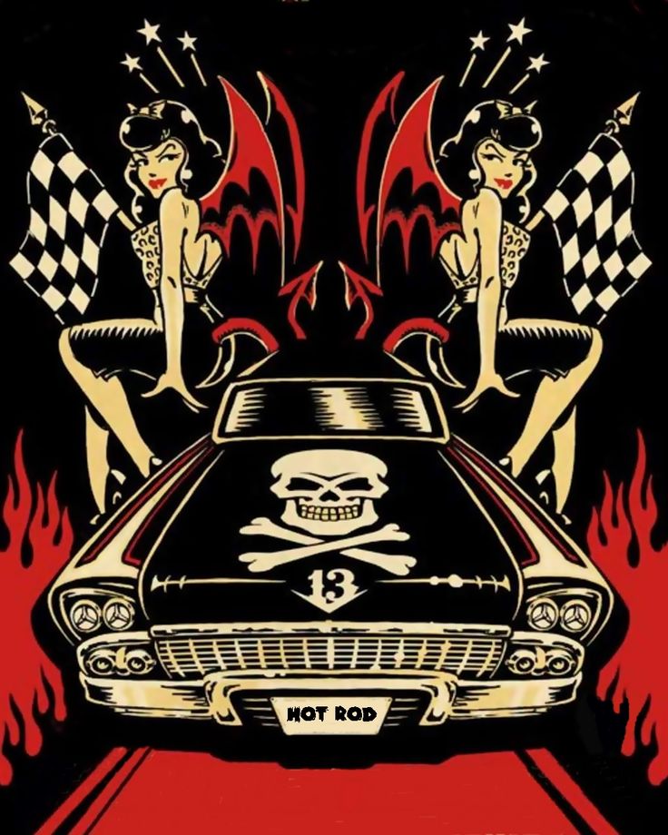 a poster for an event with two women in front of a car and checkered flag