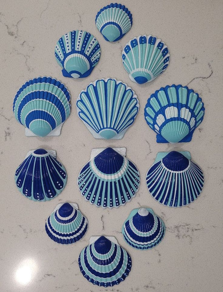 nine blue seashells are arranged in a circle on a white countertop top