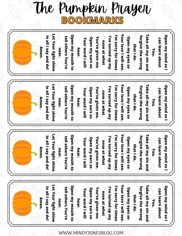 the pumpkin prayer bookmarks for kids and adults to use in their homeschool