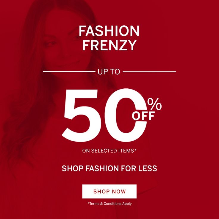 a woman with long hair wearing a white top and red pants is shown in this ad for fashion frenzy up to 50 % off on selected items shop fashion for less