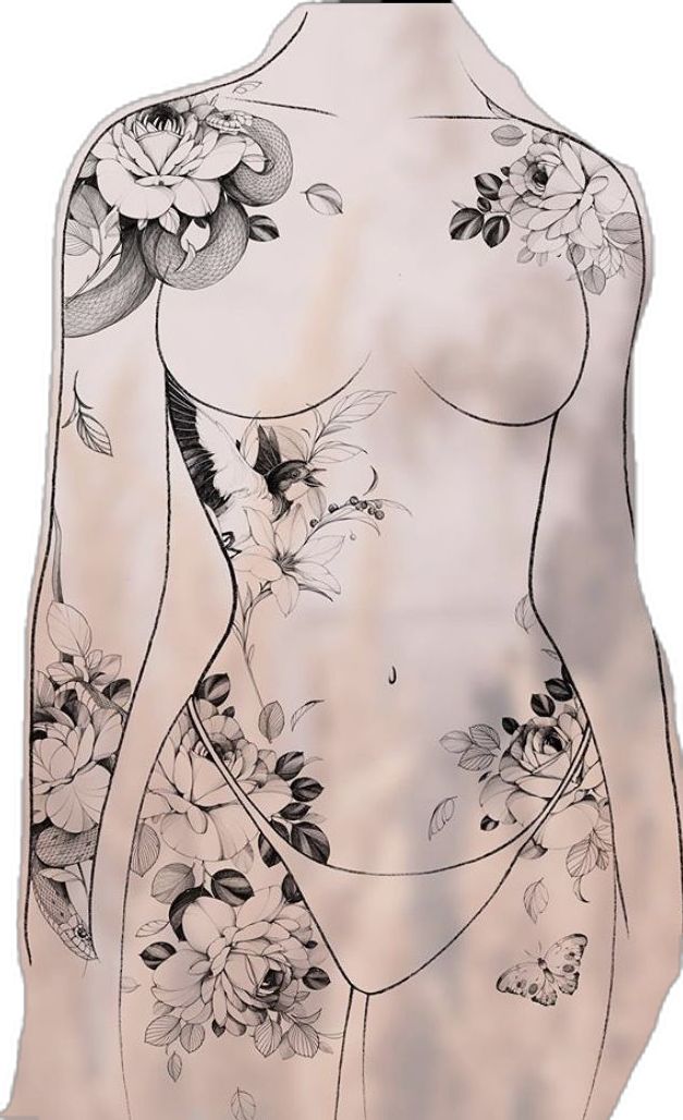 a drawing of a woman's body with flowers on it